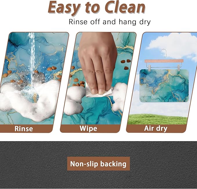 Marble Dog Cat Food Mat,Blue Teal Turquoise Gold Absorbent Pet Feeding Mat with Rubber Backing,Non-Slip Water Bowl Placemat,Indoor Pet Accessories Supplies 16"x24"