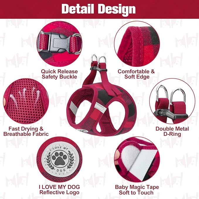 BEAUTYZOO Small Dog Harness and Leash Set, Step-in No Chock No Pull Soft Mesh Dog Harness Reflective for Extra-Small/Small Medium Puppy Dogs and Cats, Plaid Dog Vest Harness for XS S Pets, Red