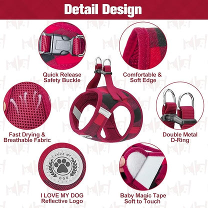 BEAUTYZOO Small Dog Harness and Leash Set, Step-in No Chock No Pull Soft Mesh Dog Harness Reflective for Extra-Small/Small Medium Puppy Dogs and Cats, Plaid Dog Vest Harness for XS S Pets, Red