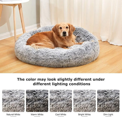Bedfolks Calming Donut Dog Bed, 30 Inches Round Fluffy Dog Beds for Medium Dogs, Anti-Anxiety Plush Dog Bed, Machine Washable Pet Bed (Dark Grey, Medium)