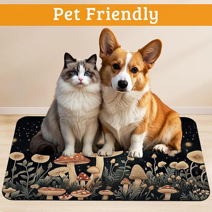 Fantasy Mushroom Dog Cat Food Mat,Butterfly Stars Absorbent Waterproof Placemat for Food and Water Non Slip Rubber Backing Durable Feeding Pad for Clean Floors 12" x 20"