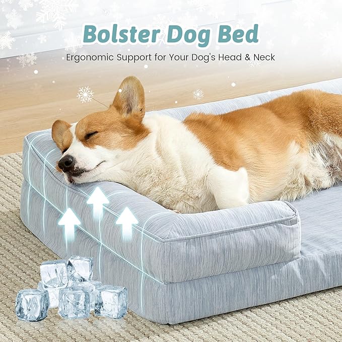 Cooling Dog Bed for Large Medium Size Dogs, Q-Max >0.4 Summer Cool Orthopedic Foam Pet Sofa Bed with Sides, Bolster Anti-Slip Couch with Washable Removable Cover, L 36x27x6.5 inch, Blue