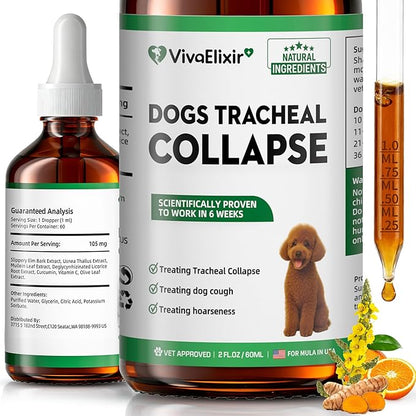 Dog Cough Treatment Liquid – Tracheal Collapse Support for Dogs – Herbal Drops with Slippery Elm, Mullein & Olive Leaf – Helps Soothe Throat, Calm Coughing & Support Breathing