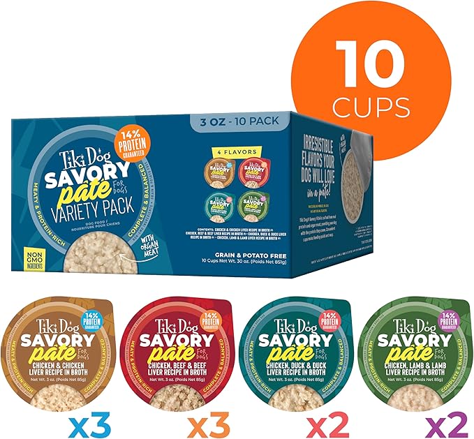 Tiki Dog Savory Pate Wet Dog Food, Variety Pack, 3 oz. Cup (10 Count)