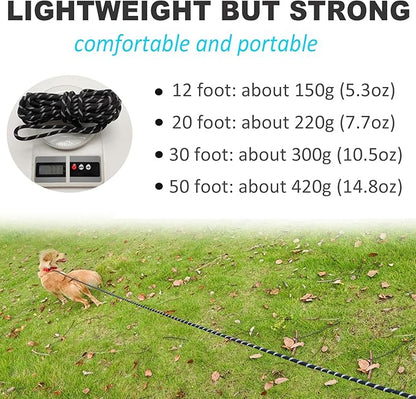 12FT Long Slip Lead Leash, 20ft 30ft 50ft Reflective Rope Training Lead Anti-Choking for Medium Dogs Small Puppy Pets Outdoor- Backyard- Playing- Recall- Traning (Black)