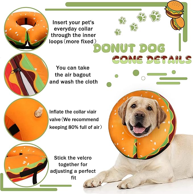 Inflatable Dog Cone Collar for Large Medium Small Dogs, Soft Adjustable Recovery Cone Collar for Dogs Cats,Dog Neck Donut Cone Alternative After Surgery(Hamburger,Medium