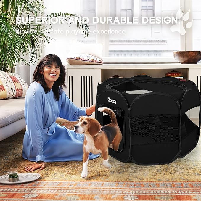 Foldable Portable Dog Playpen for Medium Dogs Indoor Outdoor, Big Dog Pet Playpen Tent Kennel Crate with Cover Enclosed for the House Puppies Bunny Exercise Travel Camping (Black, Large Size)