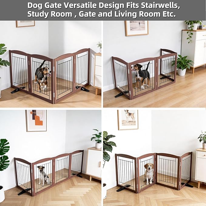 ZJSF Freestanding Dog Fence Indoor, Foldable Dog Gate for Doorways, Stairs or Hallways, Sturdy Wood Extra Wide Pet Gate with Support Feet for The House, Brown, 32 "Height-4 Panels