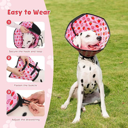 Avont Dog Cone Alternative, Adjustable Soft Comfy Foldable E Cones for Medium Large Dogs After Surgery, Escape-Proof Elizabethan Collar for Surgical Wound Recovery Stop Licking -Strawberry(S)