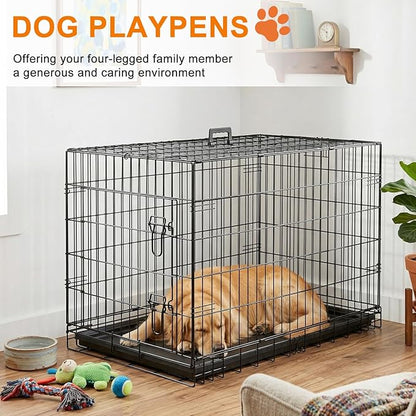 FDW 36" Foldable Metal Dog Crate with Leak-Proof Tray for Medium Dogs, Black