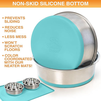 Neater Pet Brands Stainless Steel Dog Bowls with Non-Slip Rubber Bottom – Set of 2, 8 Cup (64 oz), Teal - Heavy Duty Metal Dog Bowl, Dishwasher Safe, Food or Water Bowl, Ideal for Large Dogs