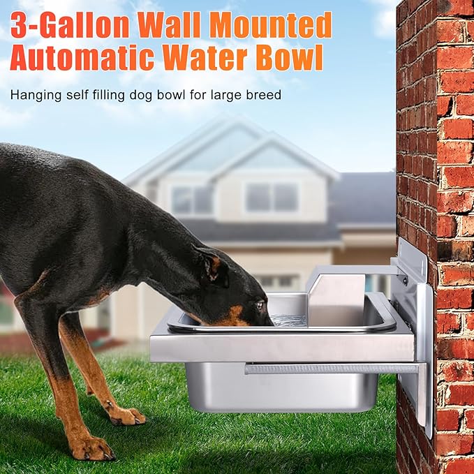 3Gal Automatic Dog Water Bowl Dispenser for Dogs Stainless Hanging Outdoor Self Filling Dog Bowl Large Breed Pet Waterer Metal Wall Mounted Auto Fill Big Dogs Waterer for Cats Chicken Livestock