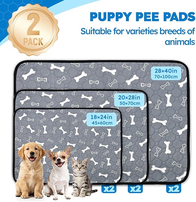 2 Pack Washable Pee Pads for Dogs, Absorbent Reusable Puppy Training Pads, Leakproof, Non-Slip, Waterproof Cat Doggie Pad Pet Potty Mat for Indoor&Outdoor, Whelping, Crate, Gray 28"x40"