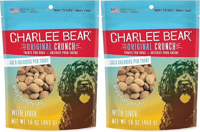 Charlee Bear Original Crunch Dog Treats, Chicken Liver, 16 Ounce Resealable Bag, Low Calorie Training Treats for Dogs, Limited Ingredient, Healthy, Crunchy Dog Snacks, Made in USA (Pack of 2)