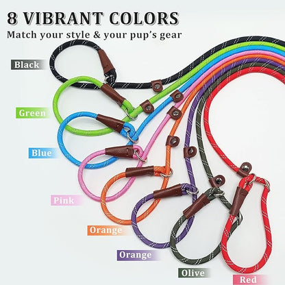 WYUZE 8 ft Slip Lead Dog Leash, Reflective No Pull Dog Training Lead, 1/3" Nylon Rope Slip Control Leash for Small Medium Dogs, Olive