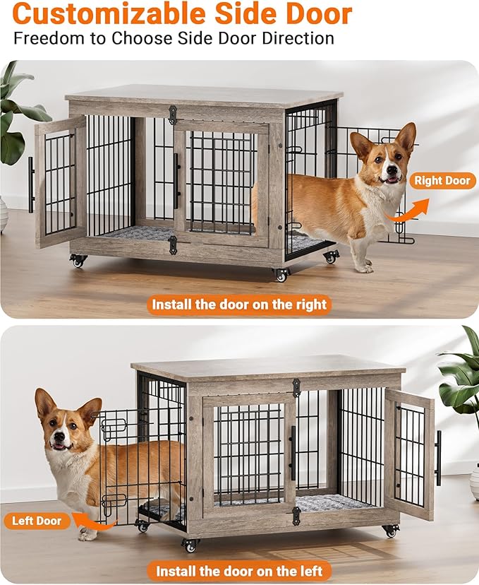 Dog Crate Furniture with Cushion Set of 2, Wooden Dog Kennel Indoor with Wheels & Double Doors, Dog Cage Side End Table for Medium Small Dogs up to 45 lb, 32.5” L, Grey