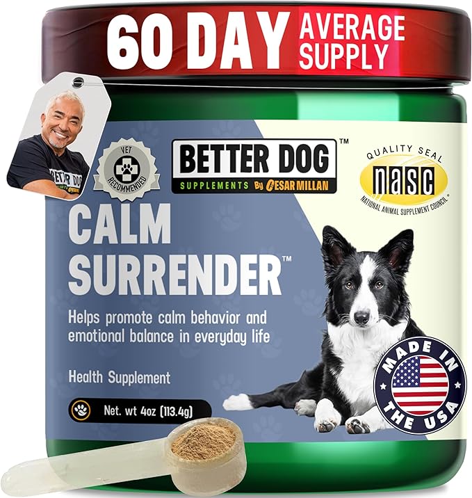 Better Dog Supplements Calm Surrender by Cesar Millan – Natural Dog Calming Powder for Stress, Anxiety, Grooming, Travel & Thunderstorms – Catnip, Chamomile & Valerian – 4oz, (60-Day Supply)