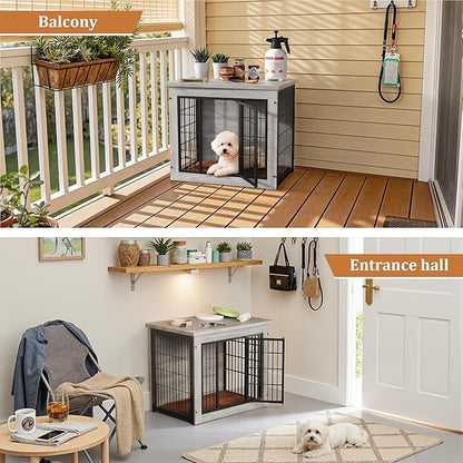 Greesum Modern Dog Crate Furniture That Doubles as a Side Table - Sturdy Wooden Kennel with Double Door Design, Equipped with Soft Cushion & Chew-Resistant Resign, Suitable for Dogs