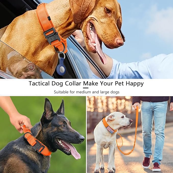 DAGANXI Tactical Dog Collar, Adjustable Military Training Nylon Dog Collar with Control Handle and Heavy Metal Buckle for Medium and Large Dogs, with Patches and Airtags Case (Orange-Set, M)