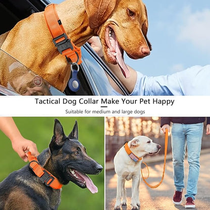DAGANXI Tactical Dog Collar, Adjustable Military Training Nylon Dog Collar with Control Handle and Heavy Metal Buckle for Medium and Large Dogs, with Patches and Airtags Case (Orange-Set, XL)