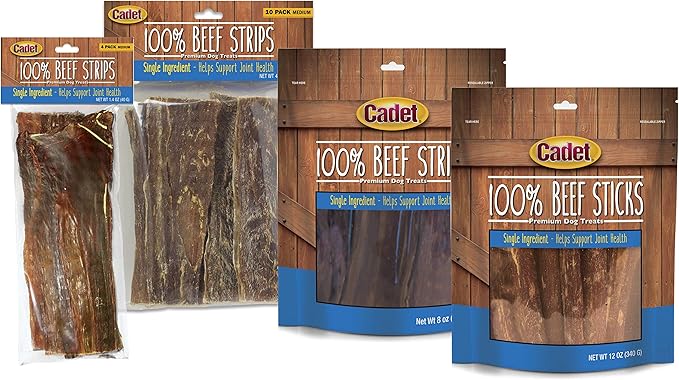 Cadet 100% Beef Strip Long Lasting Chews for Dogs, Single Ingredient Beef Esophagus Dog Treats, Natural High Protein Rawhide Alternative for Small & Large Dogs, 1.4 Ounce