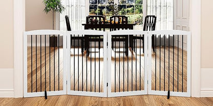 PUPETPO Freestanding Pet Gate for Dogs, Indoor Wooden Dog Gate for House, Foldable Dog Gate for Doorway, Stair, Gates for Dogs Indoor, 80 Inch Wide, 4 Panels 32", White