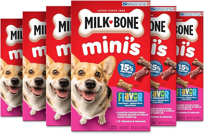 Milk-Bone Mini's Flavor Snacks Dog Treats, 15 Ounce (Pack of 6) Crunchy Texture Helps Reduce Tartar
