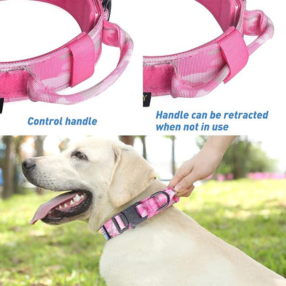 Hotsky Tactical Dog Collar, Adjustable Military Training Nylon Airtag Collar with Handle and Heavy Duty Metal Buckle for Medium Large Dogs, with Airtag Holder and Two Patches（Pink Camo,XL）