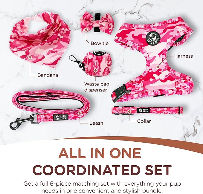 No Pull Harness and Leash Set - 6-in-1 Adjustable Vest Harness and Collars for Medium and Large Dogs. (Military Pink, Extra Small)