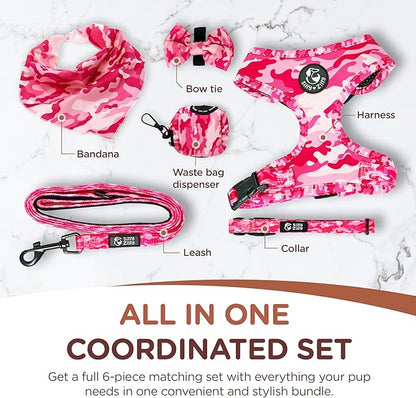 No Pull Harness and Leash Set - 6-in-1 Adjustable Vest Harness and Collars for Medium and Large Dogs. (Military Pink, Extra Small)