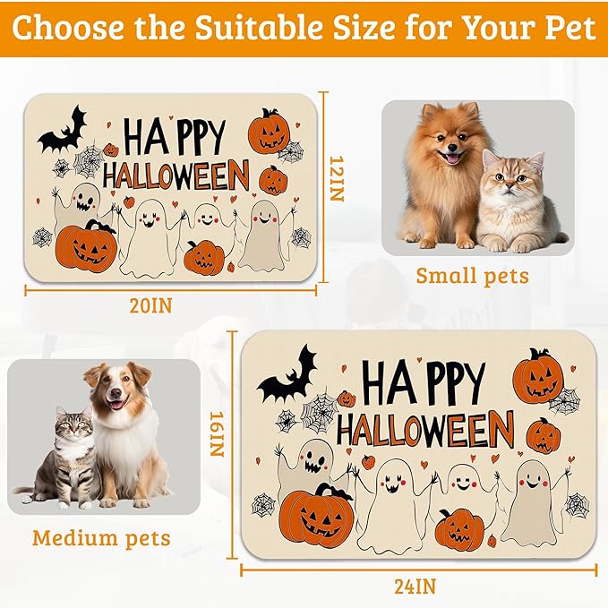 Pumpking Bat Dog Cat Food Mat,Halloween Absorbent Waterproof Placemat for Food and Water Non Slip Rubber Backing Durable Feeding Pad for Clean Floors 12" x 20"