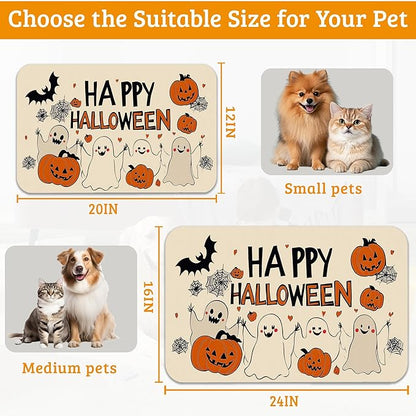 Pumpking Bat Dog Cat Food Mat,Halloween Absorbent Waterproof Placemat for Food and Water Non Slip Rubber Backing Durable Feeding Pad for Clean Floors 16" x 24"