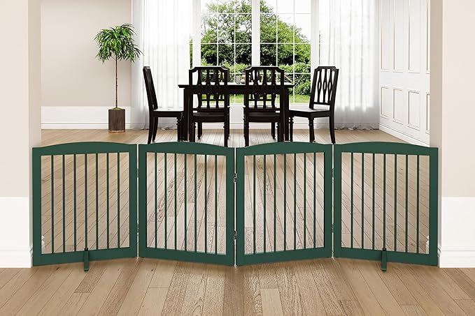 PUPETPO Freestanding Pet Gate for Dogs, Foldable Wooden Dog Gate for House, Indoor Dog Gate for Stairs, Doorways, Step Over Pet Puppy Safety Fence, 80 Inch Wide, 4 Panels 24", Green