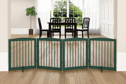 PUPETPO Freestanding Pet Gate for Dogs, Foldable Wooden Dog Gate for House, Indoor Dog Gate for Stairs, Doorways, Step Over Pet Puppy Safety Fence, 80 Inch Wide, 4 Panels 24", Green