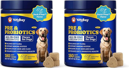 Probiotics for Dogs - Dog Probiotics for Digestive Health, Yeast, Itchy Skin, Gut Health, Immune & Skin - 6 Billion CFUs, Duck & Pear Flavor - with Prebiotics & Digestive Enzymes, 2 Pack