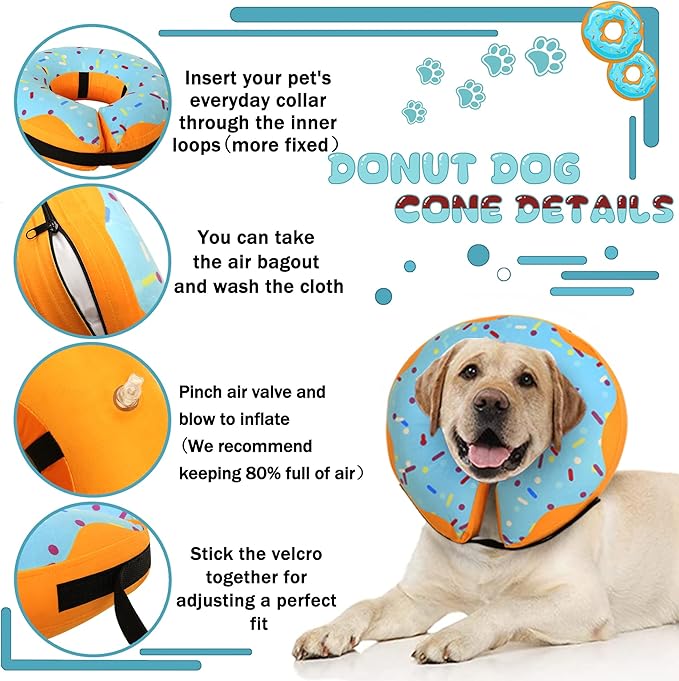 Recovery Donut Collar for Dogs & Cat,Inflatable Dog Cone Collar Alternative After Surgery,Soft Cone for Large Medium Small Dog,Adjustable Pet Neck Donut(Blue,Large)