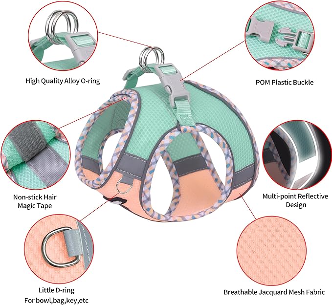 AIITLE Escape-Proof Dog Harness - Extra Soft Jacquard Fabric with Moisture-Wicking Lining, Adjustable Fit for Boston Terrier, Pekingese - Running, Playdates, Outdoor Adventures (Turquoise-Pink, L)
