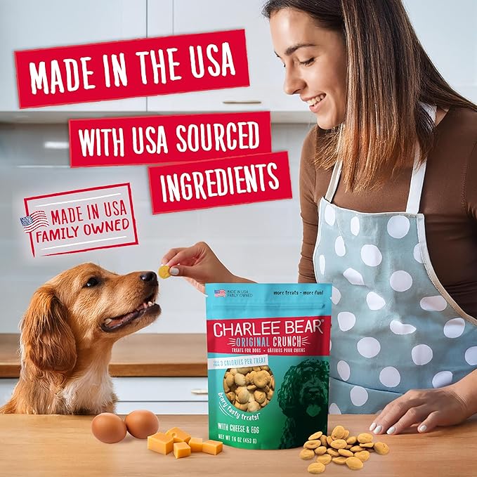 Charlee Bear Original Crunch Dog Treats, Cheese and Egg, 6 Ounce Resealable Bag, Low Calorie Training Treats for Dogs, Limited Ingredient, Healthy, Crunchy Dog Snacks, Made in USA