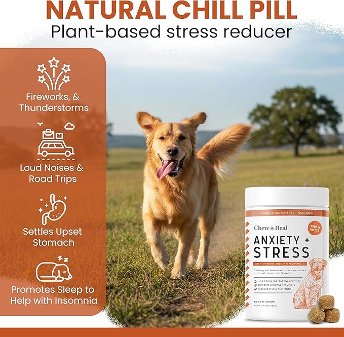 Calming Chews for Dogs - 120 Anxiety Relief Treats for Fireworks, Thunder, and Storms - Peanut Butter Flavor - Natural Dog Calming Treats with Thiamine, L-Tryptophan, Ginger, and Melatonin