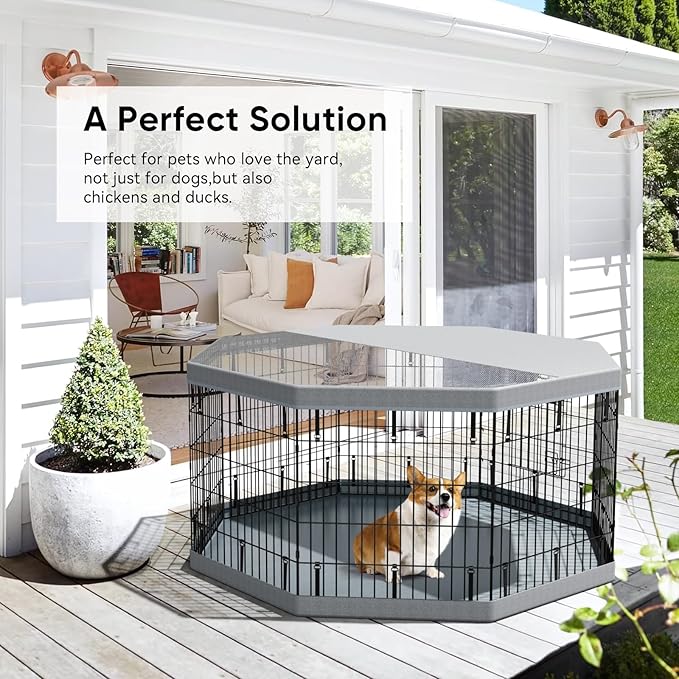 PJYuCien Dog Playpen with Top Cover and Bottom Pad - Metal Foldable Exercise Pen, 8 Panels 30" H x 24" W Indoor Outdoor Pet Fence Puppy Crate Kennel, Gray