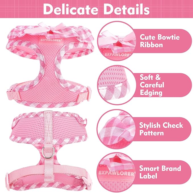 EXPAWLORER Cute Dog Harness Collar Leash Set - Pink Girl Dog Harness Checkered Step-in Design, Detachable Bow Pet Collar, Adjustable No-Choke Lightweight Mesh Vest for Cats Puppy Small Dogs, S