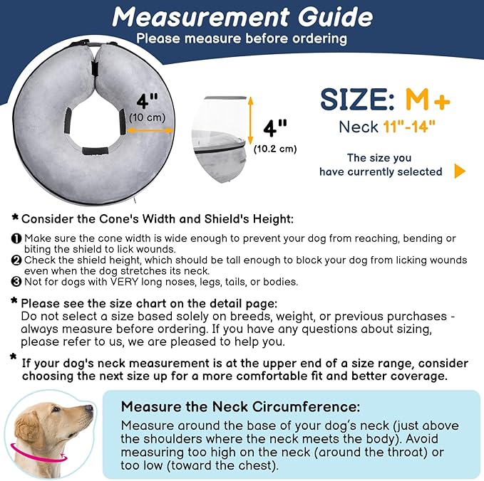 BARKLESS Inflatable Dog Cone, Protective Dog Surgery Collar to Stop Licking Biting Wounds, Patented Soft Donut Cone with Clear Shield, Adjustable Blow-up Collar for Surgery Recovery (Grey, M+)