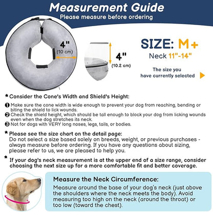 BARKLESS Inflatable Dog Cone, Protective Dog Surgery Collar to Stop Licking Biting Wounds, Patented Soft Donut Cone with Clear Shield, Adjustable Blow-up Collar for Surgery Recovery (Grey, M+)