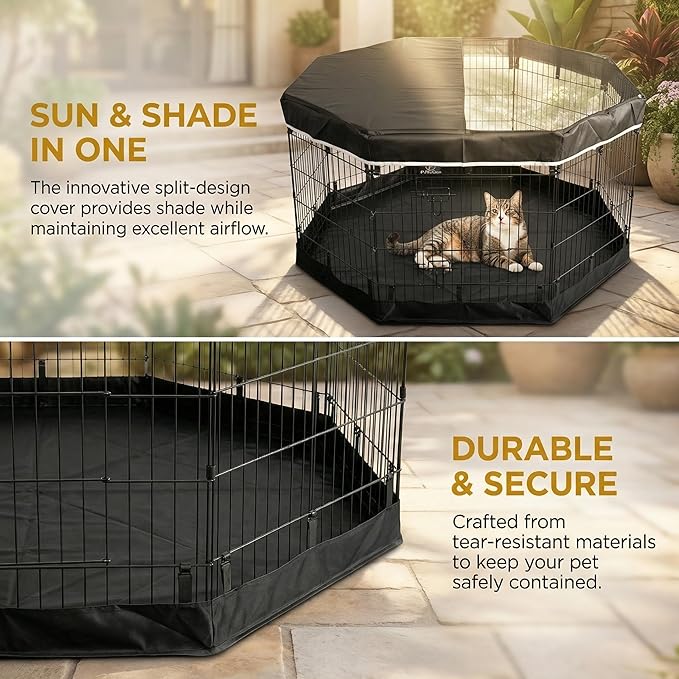 PJYuCien Dog Playpen with Top Cover and Bottom Pad - Metal Foldable Exercise Pen, 8 Panels 42" H x 24" W Indoor Outdoor Pet Fence Puppy Crate Kennel, Black