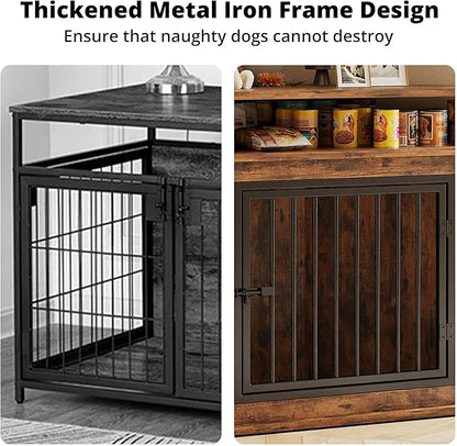 IRONCK Corner Wooden Dog Crate Furniture with 2-Tier Shelves, Pet Kennel for Large Dogs, Space-Saving Dog Cage for TV Stand, Rustic Brown (26.7" L x 51.2" W x 33.5" H)