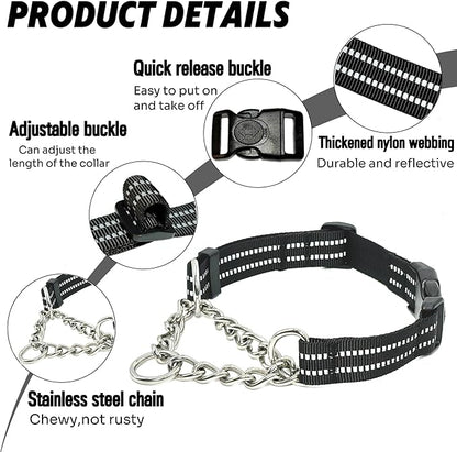 Martingale Dog Collars, Reflective Nylon Collar with Stainless Steel Chain, Adjustable Walking Training Dog Collars with Quick Release Buckle, Suitable for Small Medium Large Dogs(Black,M)