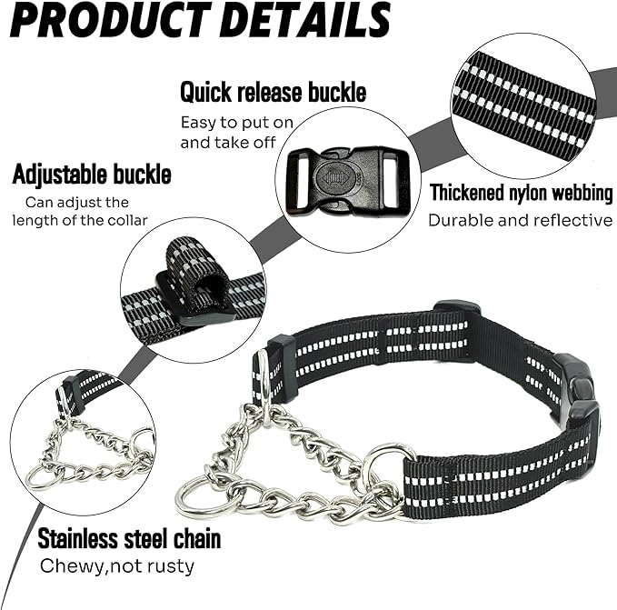 Martingale Dog Collars, Reflective Nylon Collar with Stainless Steel Chain, Adjustable Walking Training Dog Collars with Quick Release Buckle, Suitable for Small Medium Large Dogs(Black,XL)