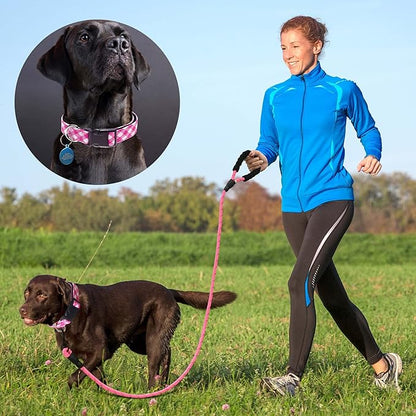 Ladoogo Reflective Dog Collar Padded with Soft Neoprene Breathable Adjustable Nylon Dog Collars for Small Medium Large Dogs (Small (Pack of 1), Pink Plaid Collar+Leash)