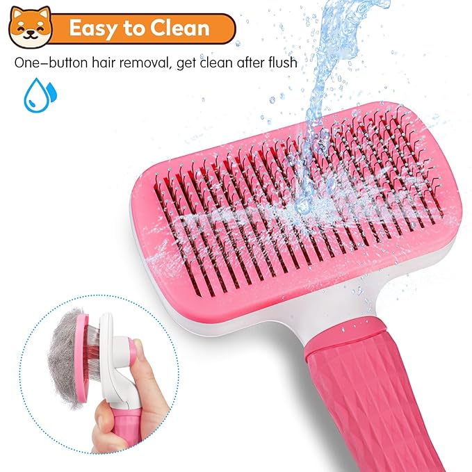 Dog & Cat Brush Kit 2PCS, Self Cleaning Slicker Brush for Pets, Dog Brush for Shedding Massaging and Grooming, Removes Loose Undercoat & Portable Comb for Long Short Haired Dogs(Pink)