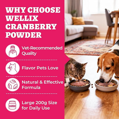 Wellix 7.05oz Cranberry Powder for Cats & Dogs - Kidney,Bladder,UTI for Cat Urinary Supplement - Rich in D-Mannose,Marshmallow Root,Blueberry,Cranberry Supplement for Dogs, Chicken Flavor
